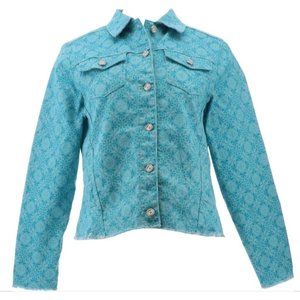 DG2 Diane Gilman Frayed-Hem Denim Jacket  697-831 Turquoise Tile 1X